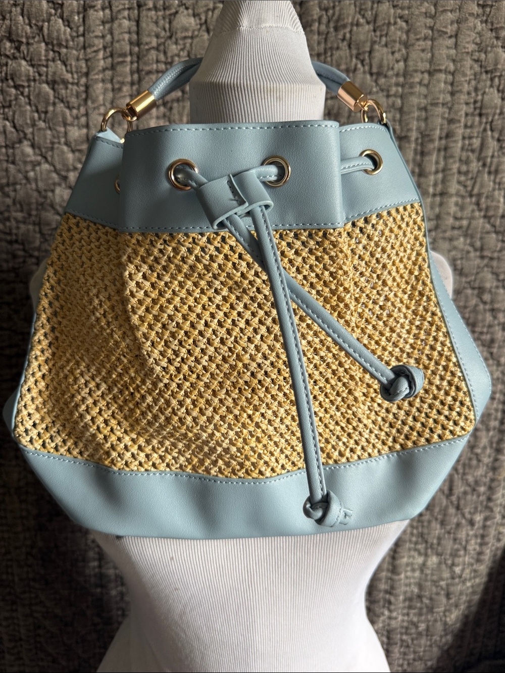 Light Blue Straw-Trim Drawstring Shoulder Bag